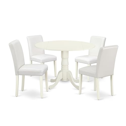 East West Furniture DLAB5-LWH-64 5-teiliges Küchentisch- und Stühle-Set beinhaltet einen runden Esszimmertisch mit Dropleaf und 4 Parsons Esszimmerstühle aus weißem Kunstleder, 106 x 107 cm von East West Furniture