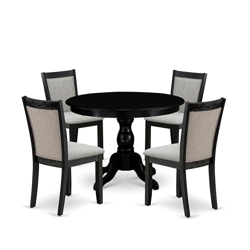 East West Furniture HBMZ5-AB6-06 5-teiliges Esszimmermöbel-Set, bestehend aus einem runden Esstisch mit Sockel und 4 Parsons-Stühlen aus Shitake-Leinenstoff, 106 x 107 cm, Schwarz mit Drahtgebürstet East West Furniture HBMZ5-AB6-06 5-teiliges Esszimmermöbel-Set, bestehend aus einem runden Esstisch mit Sockel und 4 Parsons-Stühlen aus Shitake-Leinenstoff, 106 x 107 cm, Schwarz mit Drahtgebürstet von East West Furniture