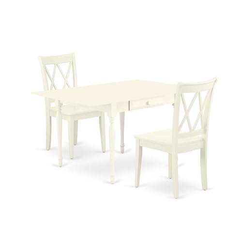 East West Furniture MZCL3-LWH-W 3-teiliges Esszimmer-Set für kleine Räume, enthält einen rechteckigen Esstisch mit Dropleaf und 2 Esszimmerstühlen, 91,4 x 137,2 cm, Leinenweiß von East West Furniture