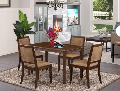 East West Furniture YAX25-AWA-28 - 5-teiliges Esstisch-Set besteht aus einem Esstisch mit antiker Walnuss-Platte und 4 stapelbaren Stühlen mit braunem strukturiertem Polyestergewebe - Antik Walnuss von East West Furniture