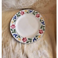 Faberware Stoneware, Dorchester, 388, 10.50 Inch Dinner Or Chop Plate, Floral Border, Green Trim, White, Vintage Kitchen, Serving Dish von EastIdahoCompany