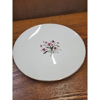 Mid-Century-Küche, Edwin Knowles, "Spring Song" 25-cm-Abendessen/Chop-Teller, Rosa Blumen, Grüne Blätter, Coupe, Gold-Trm von EastIdahoCompany