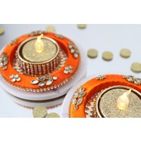 x2 Avi Luxus Orange Stein & Spiegel Verschönert Diya Teelichthalter Set | Karte Optional Add On von EasternPrintStudio