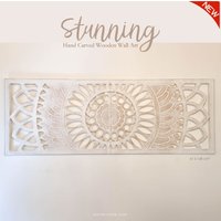 Geschnitzte Holz Wandkunst - Großes König Mandala Handgeschnitztes Dekoratives Kopfteil Distressed White Shabby Chic 60 X 66 cm von Easternada