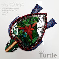 Handbemaltes Handgeschliffenes Glas Holz Wandkunst - Einzigartige Dekorative Schildkröte Garten Terrasse Tropisch Perfektes Geschenk von Easternada