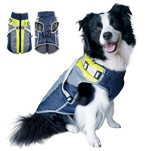 EASTLION Hundemantel Warme Jacke, reflektierende Haustier Mantel wasserdichte Schneeanzug Outdoor Mantel mit abnehmbarem Geschirr für mittlere große Hunde Gelb-Dunkelblau 2XL von Eastlion