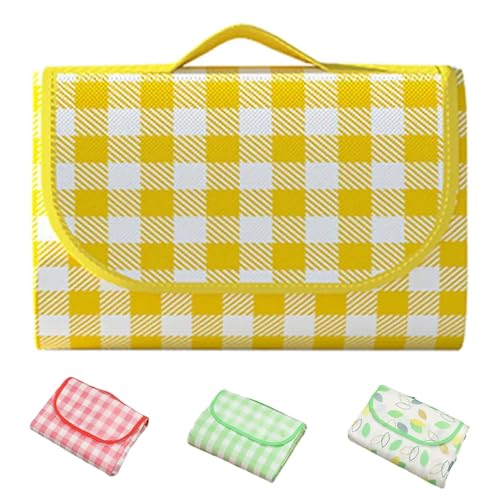 Eastrise 200 x 200 cm wasserdichte Picknickdecke, maschinenwaschbar, faltbar mit integriertem Griff für einfache Lagerung und tragbare Reisen, ideal für Camping und Familienausflüge (gelbes Karomuster von Eastrise