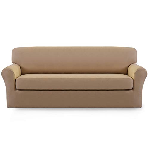 Easy-Going 2 Stück Mikrofaser Stretch Sofa Schonbezug - Spandex Weich Passform Sofa Couch Abdeckung Waschbar Möbelschutz mit Elastische Unterseite Kinder Haustier (Sofa, Camel) von Easy-Going