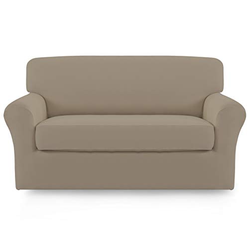 Easy-Going 2 Stück Mikrofaser Stretch Sofa-Schonbezug – Spandex weich angepasst Sofa Couch Abdeckung waschbar Möbelschutz mit elastischer Unterseite Kinder Haustier (Loveseat, Natur) von Easy-Going