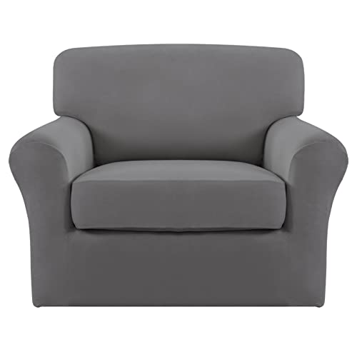 Easy-Going 2 Stück Mikrofaser Stretch Stuhl Schonbezug - Spandex Weich Spannbetttuch Sofa Couch Cover Waschbar Möbelschutz mit elastischer Unterseite Kinder Haustier Hellgrau von Easy-Going