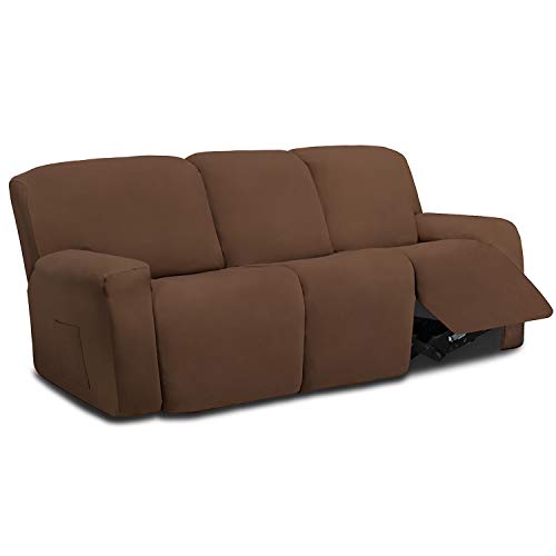 Easy-Going 8 Stück Mikrofaser Stretch Abschnitt Lehnstuhl Sofa Schonbezug Weich Fitted Fleece 3 Sitze Couch Cover Waschbar Möbelschutz mit Elastizität für Kinder Haustier (Liegesofa, braun) von Easy-Going