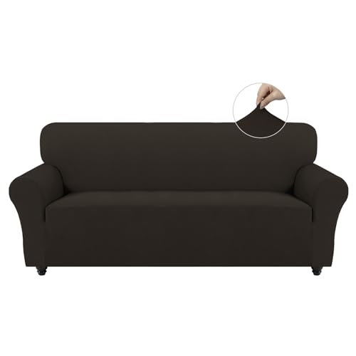 Easy-Going Stretch Sofa Überzug 4 Sitzer, Rutschfester Sofabezug für Hund Katze, Waschbarer Fleece Couch Überzug Bezug, Weicher Küchensofa Couch Cover, 1 Stück Sofaschoner mit Armlehnen, Schokolade von Easy-Going