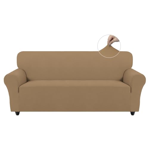 Easy-Going Stretch Sofa Überzug 4 Sitzer, Rutschfester Sofabezug für Hund Katze, Waschbarer Fleece Couch Überzug Bezug, Weicher Küchensofa Couch Cover, 1 Stück Sofaschoner mit Armlehnen, Kamel von Easy-Going