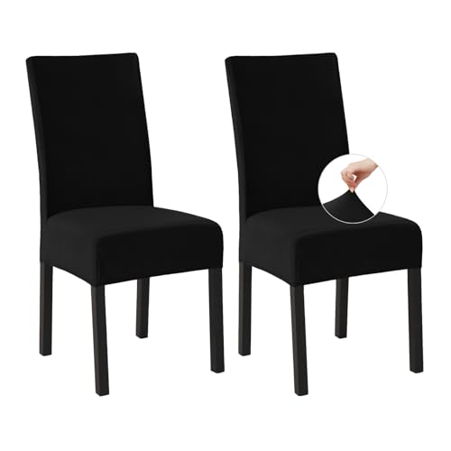 Easy-Going Stretch Stuhlhussen 2er Set, Fleece Stuhlbezüge für Esszimmerstühle Schwingstühle Küchenstühle, Moderne Stuhl Überzüge Sitzbezüge, Abnehmbare Waschbare Chair Covers, Schwarz von Easy-Going