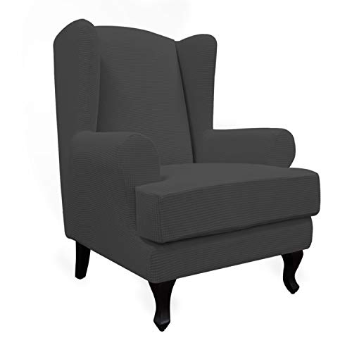 Easy-Going Stretch Wingback Chair Sofa Schonbezug 2-teilig Sofabezug Möbelschutz Couch Weich mit Elastischer Unterseite, Spandex Jacquard Stoff Kleine Karos, Dunkelgrau von Easy-Going