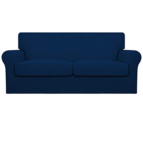 Easy-Going Übergroße 3-teilige Stretch-Fleece-Sofabezug für Haustiere – waschbarer Sofa-Schonbezug für 2 Separate Kissen-Couch – elastischer Möbelschutz für Hunde, Kinder Marineblau von Easy-Going