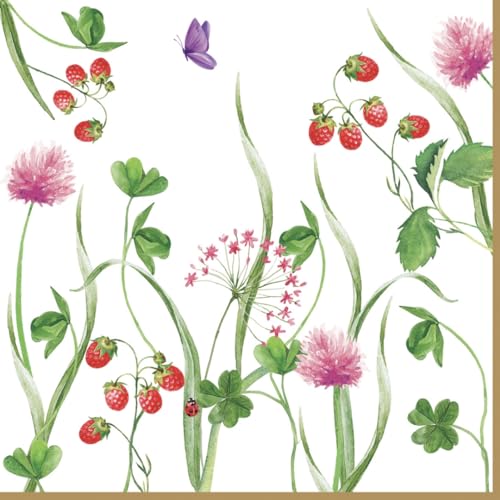 20 Servietten Blumen Einzelne Pflanzen mit Erdbeeren als Tischdeko. Papierservietten mit Motiv. Auch für Decoupage und Serviettentechnik 33x33cm von Easy Life