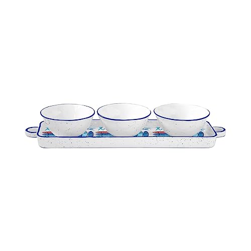 Aperitif Set mit 3 Schalen, Durchmesser 10 cm, auf Tablett 37 x 10 cm, aus Porzellan von Easy Life