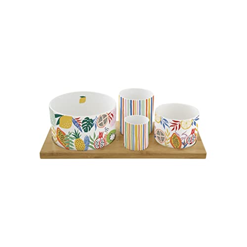 Aperitif Set mit 4 Schalen aus Porzellan auf Tablett aus Bambus von Easy Life