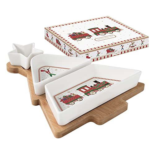 Easy Life Polar Express Aperitif Set mit 3 Schalen aus Porzellan auf Bambustablett in Tannenform von Easy Life