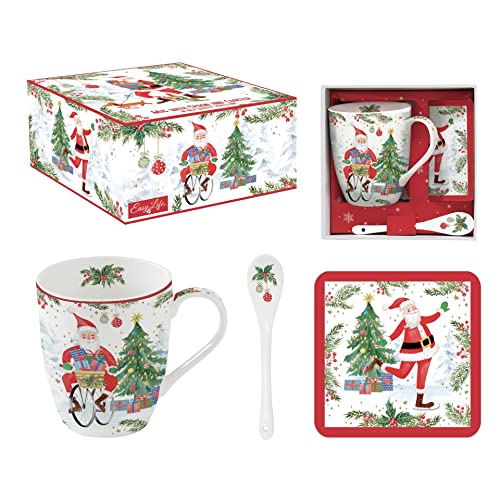 Easy Life Set 1 Tasse 30 cl + Löffel aus Porzellan + Untersetzer Joyful Santa von Easy Life