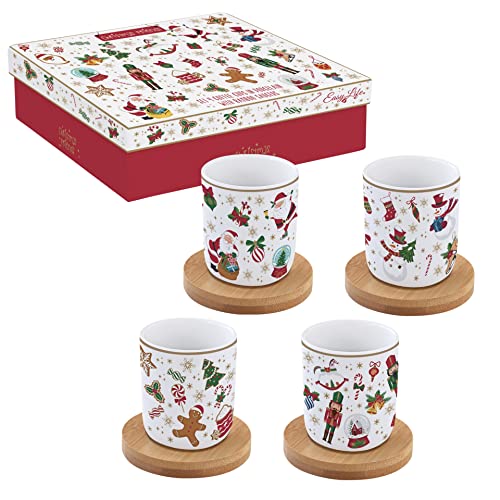 Easy Life Set mit 4 Kaffeetassen, 110 ml, Porzellan mit Untertasse aus Bambus von Easy Life