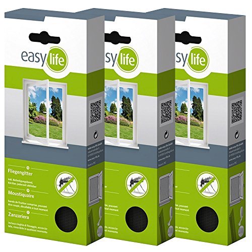 easy life® Fliegengitter für Fenster 3,00 x 1,50 m anthrazit durchsichtig - Perfekter Schutz vor Insekten (3er Set) von Easy Life