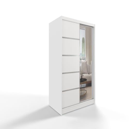 Easy4You 100 cm Moderner Schiebetürenschrank 2 Türen Weiß Kleiderschrank D3 Kleiderschrank mit Spiegel für Schlafzimmermöbel Set mit Kleiderstange Aufbewahrung von Easy4You