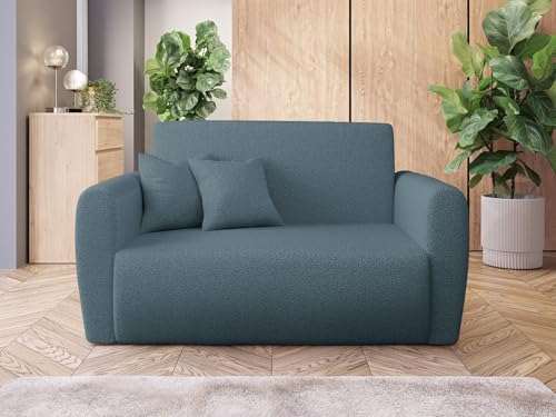 Easy4You 2 Sitzer Sofa LA in Bouclé-Stoff Blau – Schlafsofa mit Automatischem Ausziehmechanismus, Stauraum für Bettwäsche – Moderne Couch mit Armlehnen – Maße: 148x106x83 cm von Easy4You