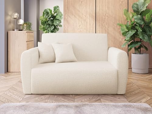 Easy4You 2 Sitzer Sofa LA in Bouclé-Stoff Creme – Schlafsofa mit Automatischem Ausziehmechanismus, Stauraum für Bettwäsche – Moderne Couch mit Armlehnen – Maße: 148x106x83 cm von Easy4You