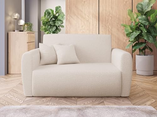 Easy4You 2 Sitzer Sofa LA in Bouclé-Stoff Dunkles Creme – Schlafsofa mit Automatischem Ausziehmechanismus, Stauraum für Bettwäsche – Moderne Couch mit Armlehnen – Maße: 148x106x83 cm von Easy4You