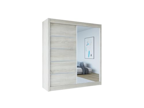 Easy4You B1 180 cm Sonoma Schiebetüren Kleiderschrank 180x215x58 cm mit Spiegel - Schlafzimmermöbel, Aufbewahrung - Mehrzweckschrank von Easy4You