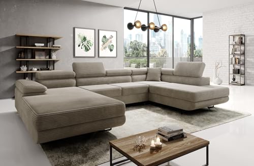 Easy4You Beige Ecksofa Varberg Kord in U-Form 345 x 72 x 205 cm mit Schlaffunktion und Bettzeugbehälter - Schlafsofa mit Bettkasten - Rechts - Eckcouch mit Stauraum - Stoff: Kord Poso 02 von Easy4You