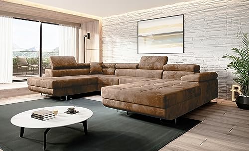 Easy4You Beige Ecksofa Varberg Velours in U-Form 345 x 72 x 205 cm mit Schlaffunktion und Bettzeugbehälter - Schlafsofa mit Bettkasten - Eckcouch mit Stauraum - Stoff: Monolith 09 von Easy4You