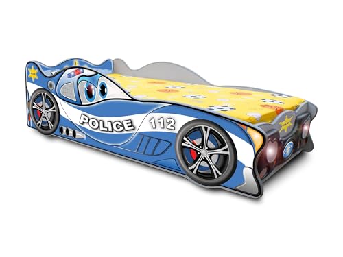 Easy4You Blue McQueen Polizeiauto MINI Kinderbett Baby mit Matratze 74x47x150 cm Kleinkinderbett mit Matratze inklusive von Easy4You