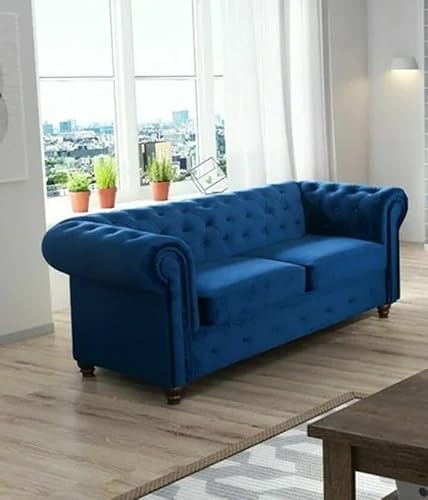 Easy4You Chesterfield Blauer Plüsch Velvet 2-Sitzer Sofa 183x74x88 cm Sofas für Wohnzimmer Sofagarnituren mit Holzfüße Set Sofas & Couches von Easy4You