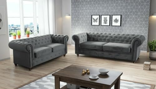 Easy4You Chesterfield Dunkelgrau Set 3-Sitzer + 2-Sitzer Sofa Sofas für Wohnzimmer Sofagarnituren mit Holzfüße Set Sofas & Couches von Easy4You