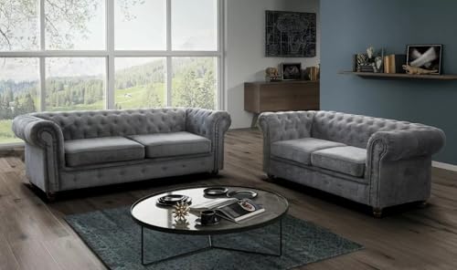 Easy4You Chesterfield Dunkelgrau Velvet Set 3-Sitzer + 2-Sitzer Sofa Sofas für Wohnzimmer Sofagarnituren mit Holzfüße Set Sofas & Couches von Easy4You