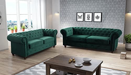 Easy4You Chesterfield Flaschengrün Set 3-Sitzer + 2-Sitzer Sofa Sofas für Wohnzimmer Sofagarnituren mit Holzfüße Set Sofas & Couches von Easy4You