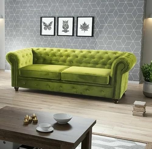 Easy4You Chesterfield Hellgrüner Plüsch Velvet 3-Sitzer Sofa 225x74x88 cm Sofas für Wohnzimmer Sofagarnituren mit Holzfüße Set Sofas & Couches von Easy4You