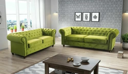 Easy4You Chesterfield Hellgrüner Plüsch Velvet Set 3-Sitzer + 2-Sitzer Sofa Sofas für Wohnzimmer Sofagarnituren mit Holzfüße Set Sofas & Couches von Easy4You