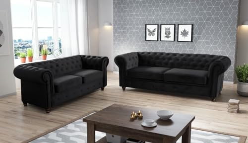 Easy4You Chesterfield Schwarz Set 3-Sitzer + 2-Sitzer Sofa Sofas für Wohnzimmer Sofagarnituren mit Holzfüße Set Sofas & Couches von Easy4You