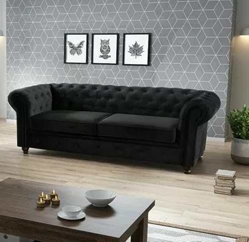 Easy4You Chesterfield Schwarzer Plüsch Velvet 3-Sitzer Sofa 225x74x88 cm Sofas für Wohnzimmer Sofagarnituren mit Holzfüße Set Sofas & Couches von Easy4You