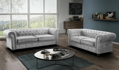 Easy4You Chesterfield Silber Velvet Set 3-Sitzer + 2-Sitzer Sofa Sofas für Wohnzimmer Sofagarnituren mit Holzfüße Set Sofas & Couches von Easy4You