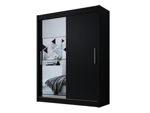 Easy4You D1 120 cm Schwarz Schiebetüren Kleiderschrank 120x200x58 cm mit Spiegel - Schlafzimmermöbel, Aufbewahrung - Mehrzweckschrank von Easy4You