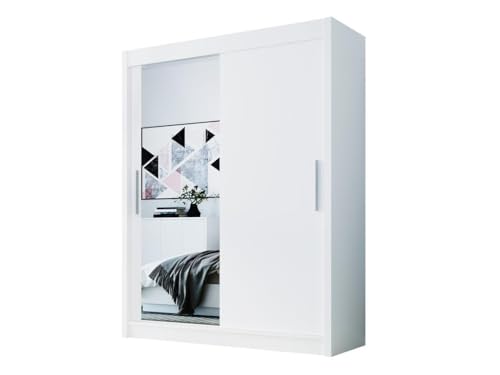 Easy4You D1 120 cm Weiß Schiebetüren Kleiderschrank 120x200x58 cm mit Spiegel - Schlafzimmermöbel, Aufbewahrung - Mehrzweckschrank von Easy4You