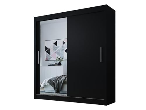 Easy4You D1 180 cm Schwarz Schiebetüren Kleiderschrank 180x215x58 cm mit Spiegel - Schlafzimmermöbel, Aufbewahrung - Mehrzweckschrank von Easy4You