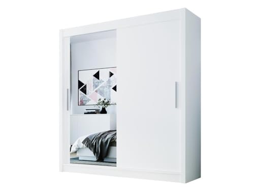 Easy4You D1 180 cm Weiß Schiebetüren Kleiderschrank 180x215x58 cm mit Spiegel - Schlafzimmermöbel, Aufbewahrung - Mehrzweckschrank von Easy4You