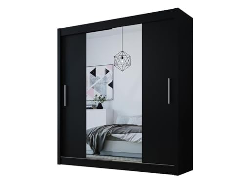 Easy4You D2 180 cm Schwarz Schiebetüren Kleiderschrank 180x215x58 cm mit Spiegel - Schlafzimmermöbel, Aufbewahrung - Mehrzweckschrank von Easy4You