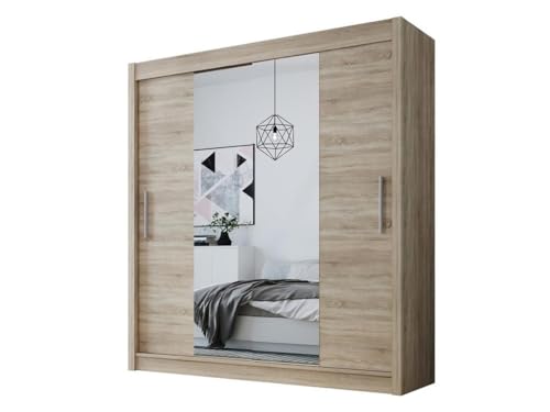 Easy4You D2 180 cm Sonoma Schiebetüren Kleiderschrank 180x215x58 cm mit Spiegel - Schlafzimmermöbel, Aufbewahrung - Mehrzweckschrank von Easy4You